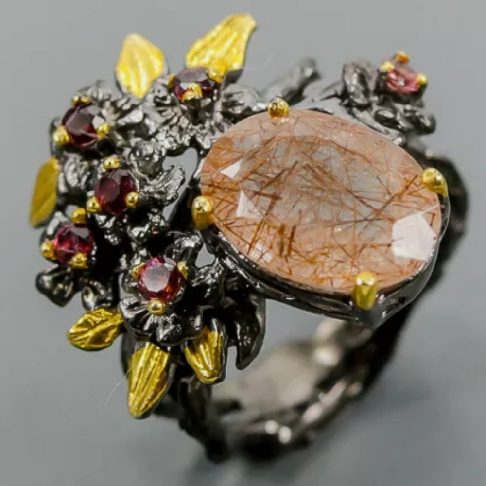 Rutilated Quartz & Rhodolite sterling silver ring sz7